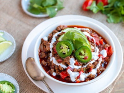 bowl of keto chili cooked in an instant pot
