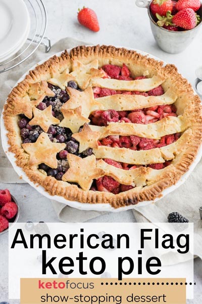 A circular pie decorated like a flag with stars and a banner