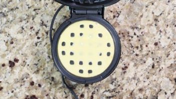 chaffle cake batter in the waffle iron