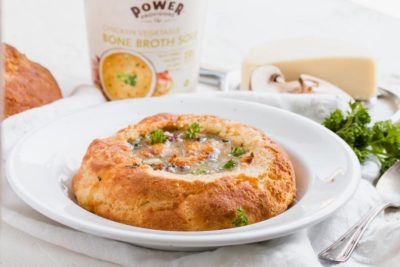keto bread bowl filled with power provisions soup