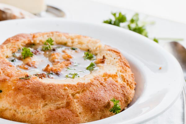 keto soup in a fathead dough bread bowl