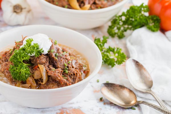 bowl of beef and peppers soup