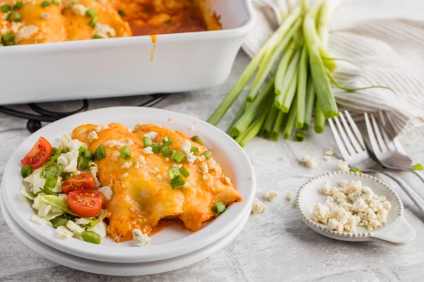 two cheese covered enchiladas on a plate with a side of salad