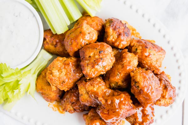 buffalo flavored chicken keto meatballs on a plate