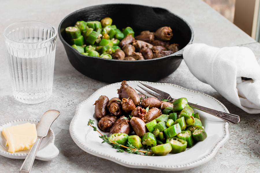 skillet of keto chicken hearts