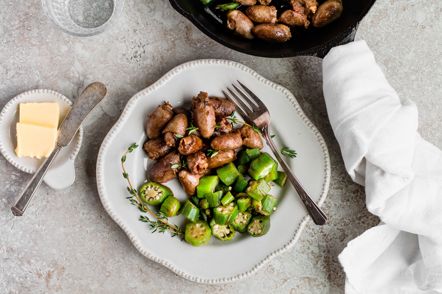 butter fried chicken hearts with okra