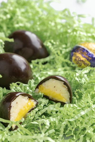 chocolate covered eggs sit in Easter grass next to a cadbury egg