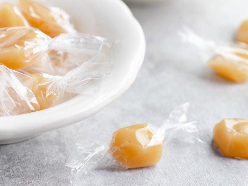 keto candy caramel chews in a bowl and on a table