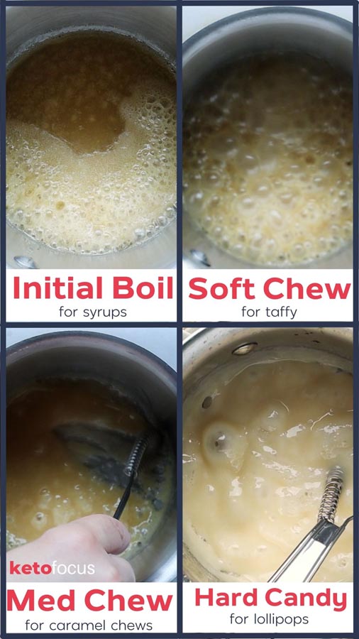 four stages of candy making for making to show the level of hardness