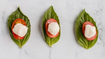 mozzarella ball on top of tomato and basil