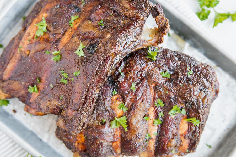 juicy beef spare rib racks on a tray