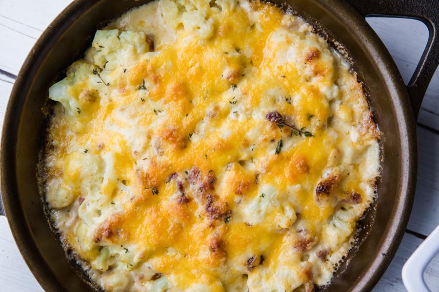 baked keto gratin in a cast iron pan