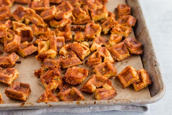 baked chaffle croutons on a tray