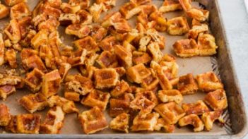 chaffle chunks on a parchment lined baking tray