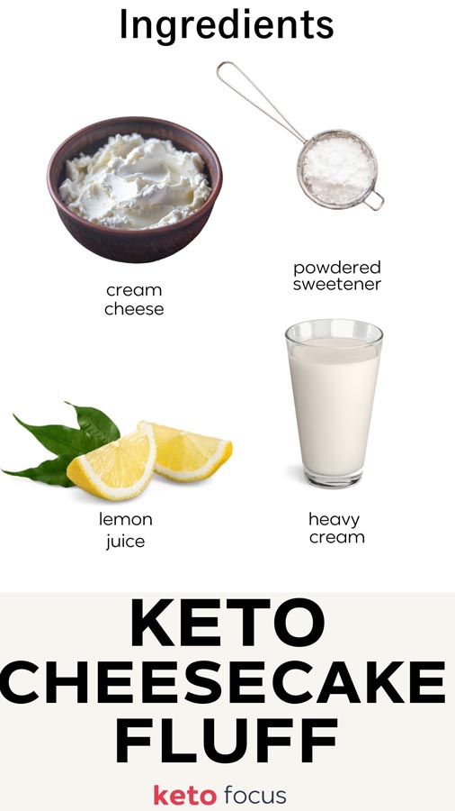 ingredients for keto cheesecake fluff including a bowl of cream cheese, a sifter with powdered sweetener, two lemons, a glass filled with heavy cream