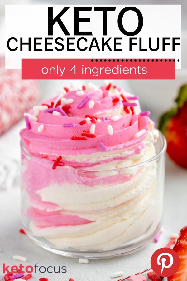 a pinterest image of fluffy cheesecake in a bowl colored pink and white and topped with white, pink, red sprinkles