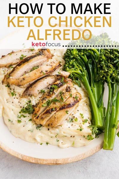 A plate of chicken alfredo topped with parsley and cooked broccolini.
