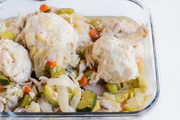 leftover chicken and dumplings in a storage container
