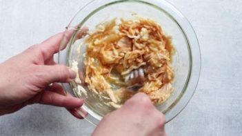 mixture a chicken and cheese mixture in a bowl with a fork