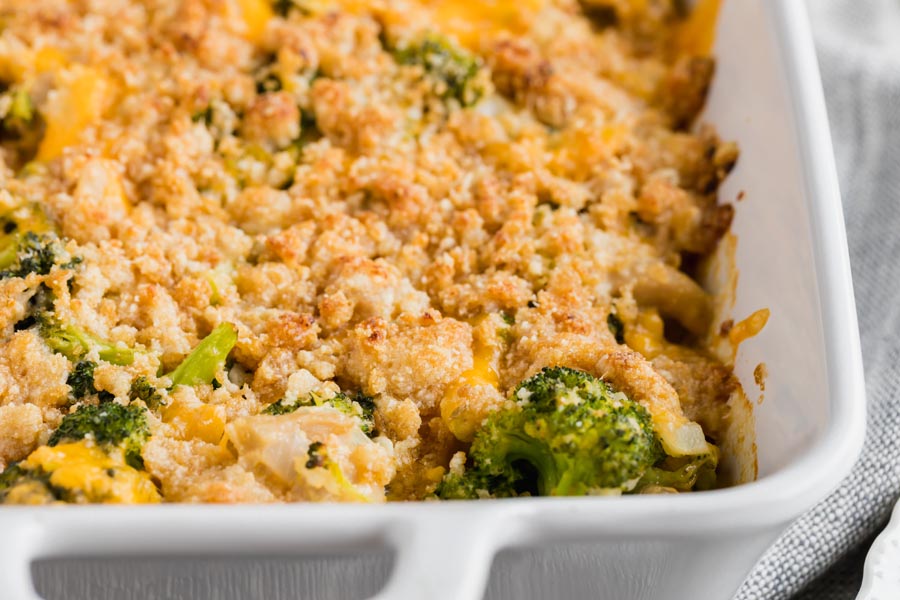 a crunchy breadcrumb topping over broccoli casserole