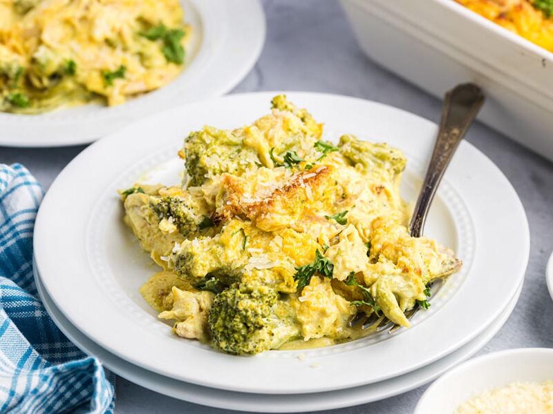 Cheesy chicken divan with chicken and broccoli on a white plate with a fork on the plate too.