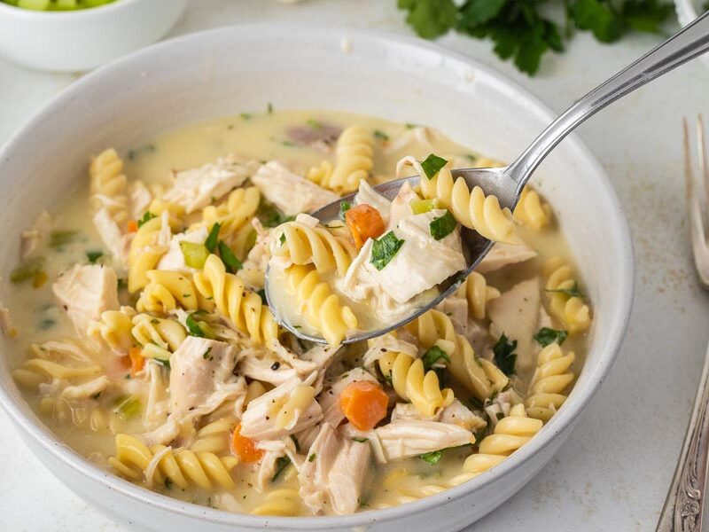 A spoon holding a bite of chicken noodle casserole.