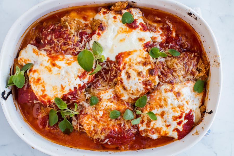 overhead of chicken parmesan casserole