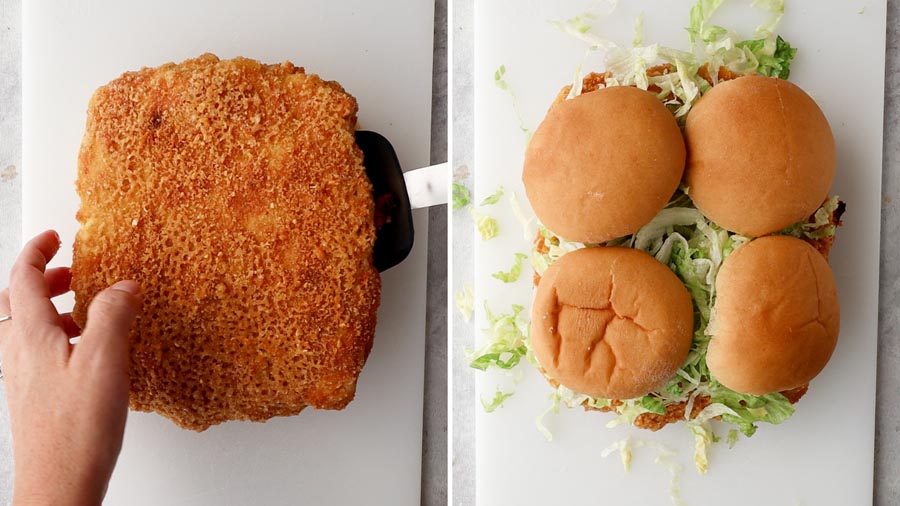A giant crispy chicken patty used to make four keto McChicken sandwiches with lettuce, pickles, and creamy sauce.