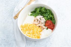 chicken filling ingredients in a white bowl