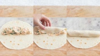 three images of rolling a chicken taquito
