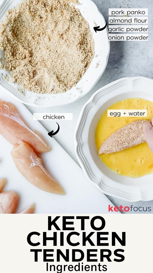 ingredients for chicken tenders including a bowl with pork panko, almond flour, garlic powder and onion powder. A bowl with egg and water wash and a cutting board with chicken tenderloins