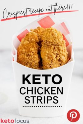 a white french fry box holding two chicken strips with a red and white checkered parchment paper hanging out
