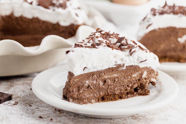 creamy and moist chocolate silk pie on a small plate