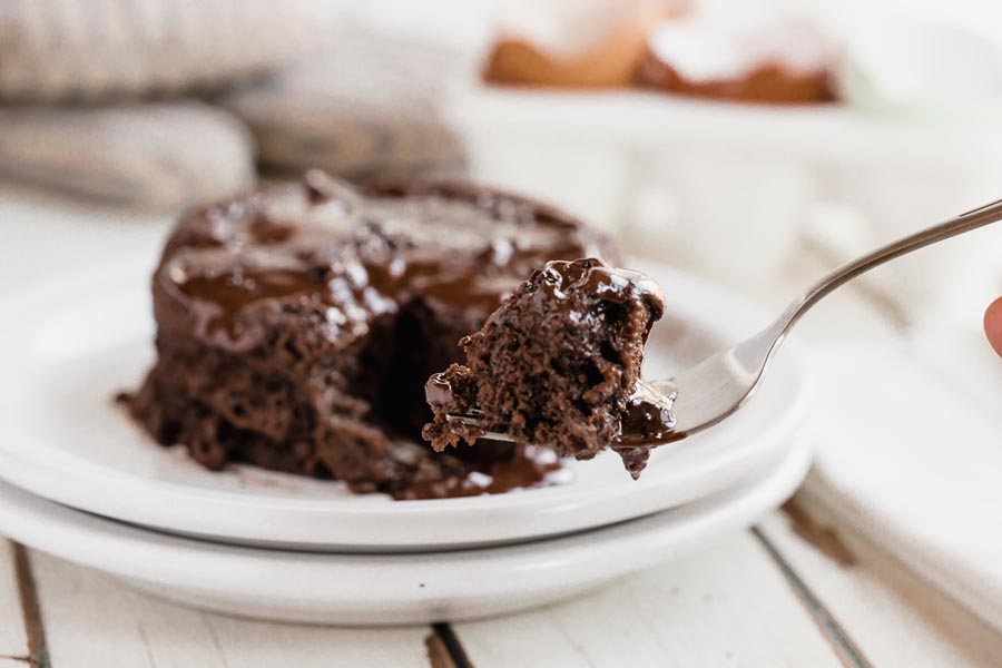 a bite of lava cake on a fork