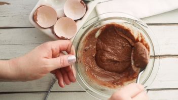 mixing cake batter in a small bowl