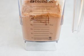 blended chocolate pancake batter in a blender