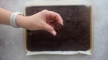 A hand holding a piece of chocolate cake above the whole baked cake.