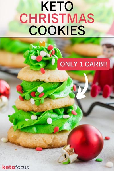 A pinterest image of a Christmas tree cookie with the text reading "keto christmas cookies" and "only 1 carb" with an arrow pointing to the cookie.