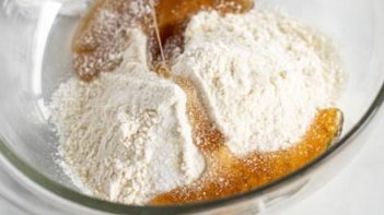 pouring sugar free maple syrup in a bowl