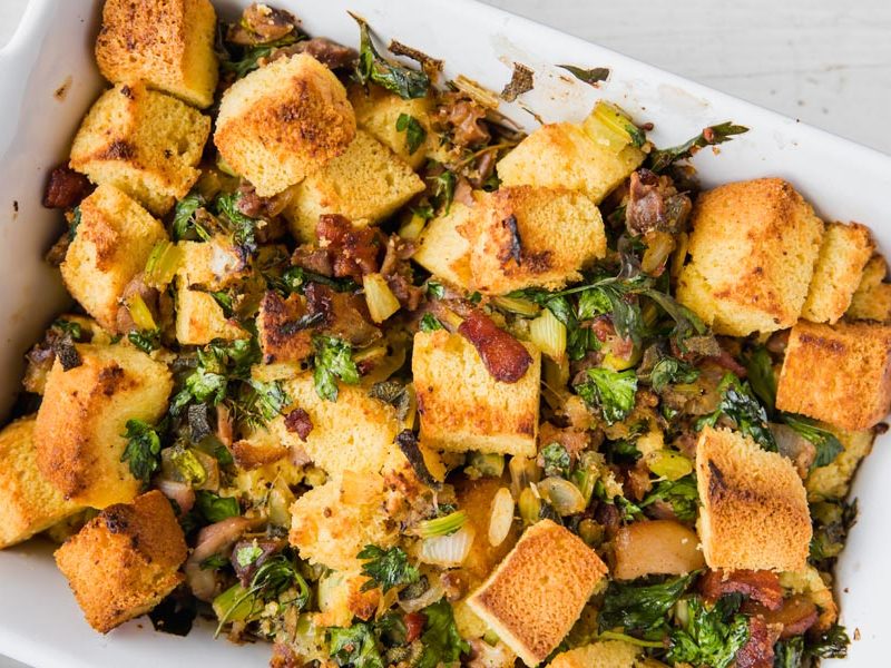 cornbread stuffing with lots of herbs and bacon mixed in