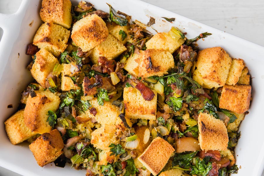 cornbread stuffing with lots of herbs and bacon mixed in