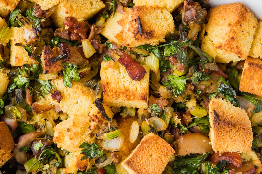 large cubes of cornbread mixed in stuffing