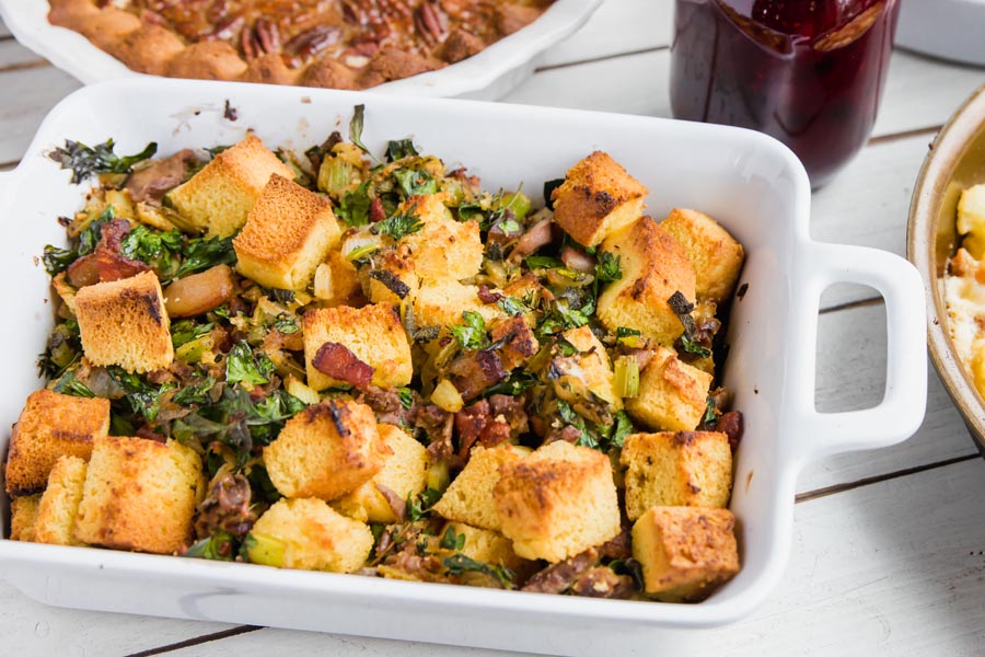 baked cornbread stuffing on a thanksgiving table