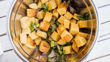 stuffing mixture in a bowl with keto cornbread