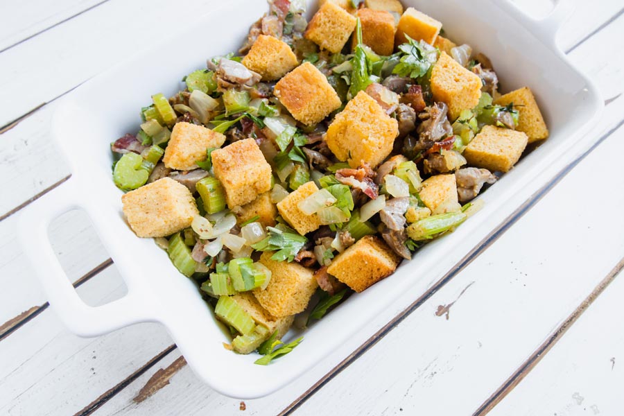 cornbread stuffing mixture in a casserole dish