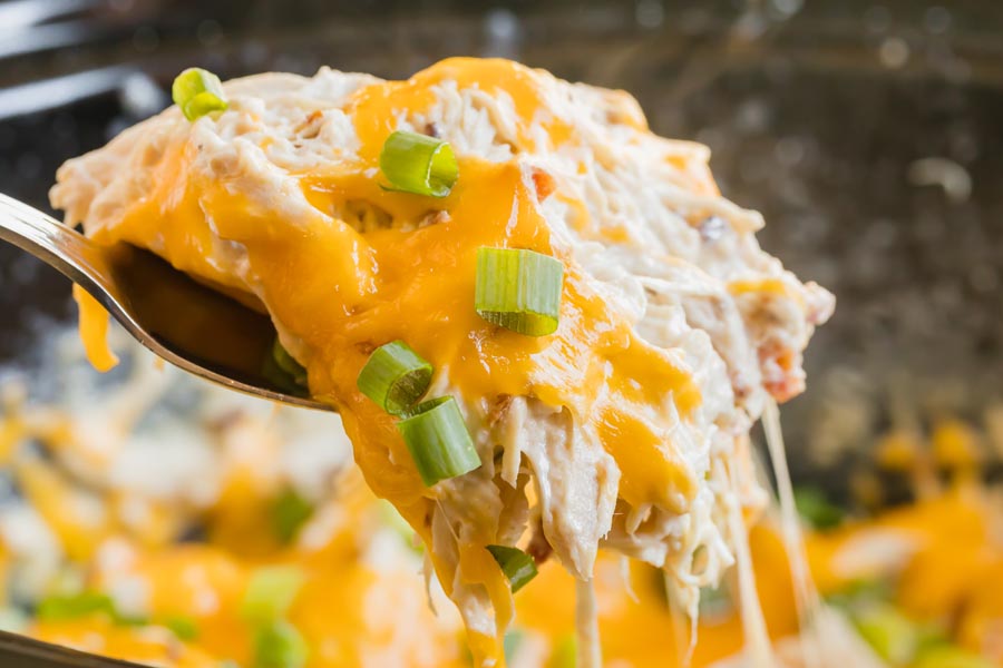 scooping out a spoonful of creamy shredded chicken topped with melted cheddar cheese