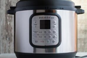 A straight view of an Instant Pot pressure cooker.