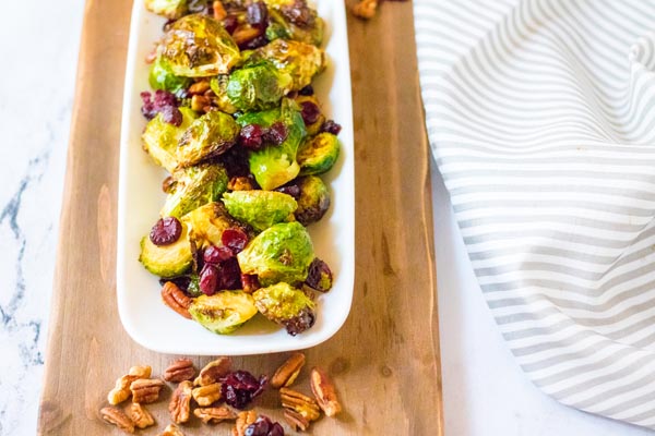 a side dish of cranberry brussel sprouts for the holiday dinner table