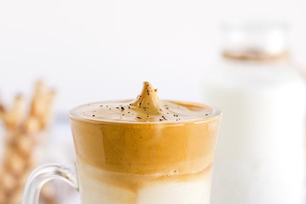 glass of keto dalgona coffee made with vanilla syrup