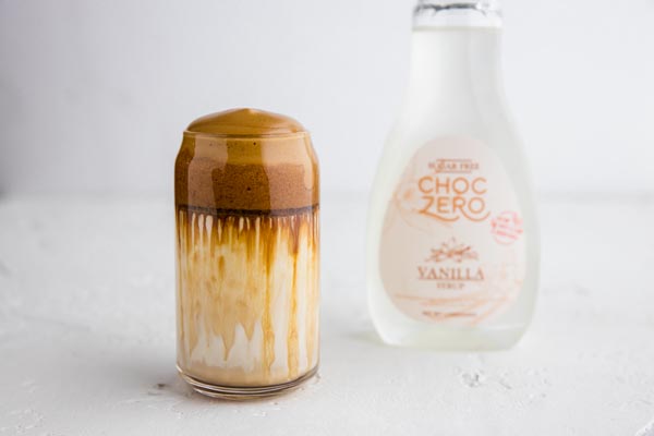 glass of keto dalgona coffee made with vanilla syrup